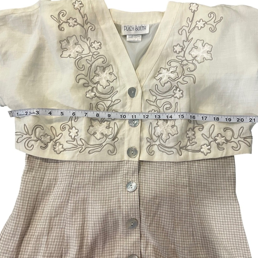 Plaza South Vintage 90s Embroidered Gingham Midi Dress NOS Ramie Linen Tan 14 - Picture 5 of 9